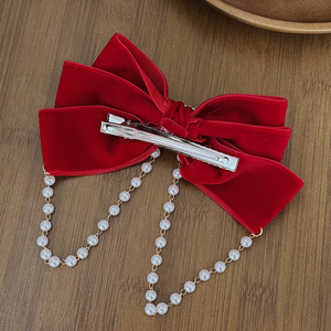 Jepit Rambut Kain Pita Merah Elegan dengan Rantai Mutiara, Pita Kristal Vintage, Jepit Rambut Wanita untuk Pesta Pernikahan, Pengantin, Buatan Tangan Berkualitas Tinggi - Product Image 3