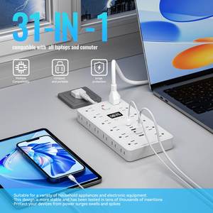 מפצל חשמל נייד רב תכליתי 31 ב-1 עם יציאות USB, חומר עמיד בפני אש, הגנה מפני עומס יתר ושעון - Product Image 3