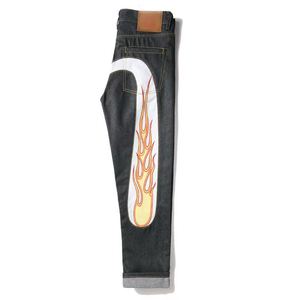 Pantalones Vaqueros Rectos de Algodón para Hombre al por Mayor, Jeans de Estilo Hip Hop con Panel en Contraste y Estampado Gráfico de Llamas - Product Image 1