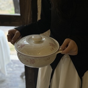 Tazón de sopa de cerámica de doble oreja floral romántico retro francés con tapa, frutero, tazón de almacenamiento, olla de sopa doméstica - Product Image 4