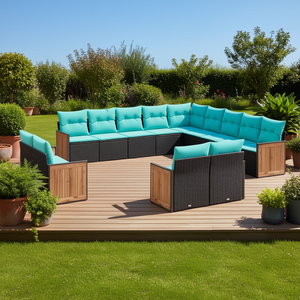 Set di divani da patio in polyrattan nero con cuscini, mobili da esterno moderni, posti a sedere da 13 pezzi per oltre 10 persone - Product Image 2