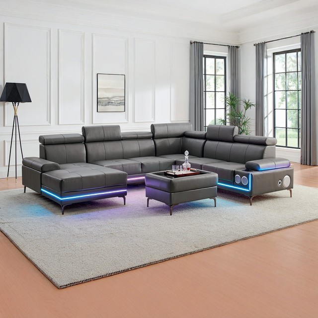 Wholesale Living Room Sofa Set Modern PU Leather Sofa with Bluetooth Speaker, LED Light, Wireless Charger Combination Sofa