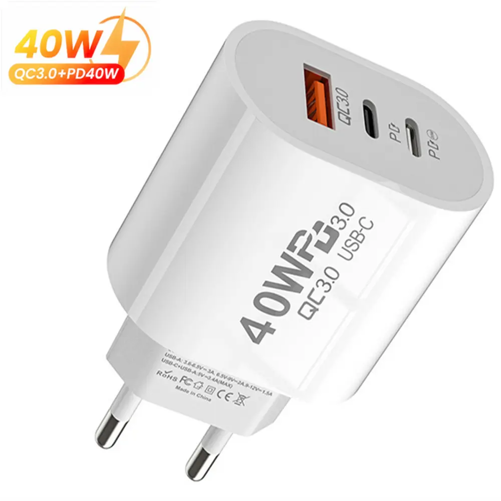 Carregador rápido para celular tipo C, carregador rápido PD 40W USB C de 3 portas, adaptador de energia para iPhone 12 13 Pro, Xiaomi e Samsung