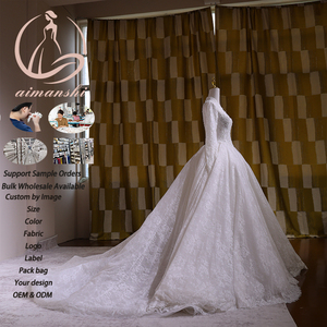Vestido de Novia Musulmán Modesto de Manga Larga con Encaje y Flores, Cola de Capilla, Talla Grande Personalizada, <span class=keywords><strong>para</strong></span> Madre de la Novia - Product Image 2