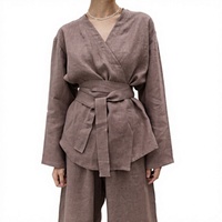 Kadın Keten Kimono Üst Geniş Paça Pantolon Takımı Nefes Alabilen Çevre Dostu Uzun Kollu Beli Bağlamalı Ev Giysisi Doğal Keten