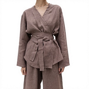 Ensemble Kimono et Pantalon Large en Lin pour Femme, Manches Longues, Style Cache-Cœur, avec Ceinture, Lin Naturel, Vente en Gros - Product Image 3