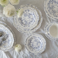 Vaisselle en céramique de qualité alimentaire en porcelaine fine, motif végétal bleu victorien français, faite à la main, assiette creuse, tasse et soucoupe, style occidental pour fête