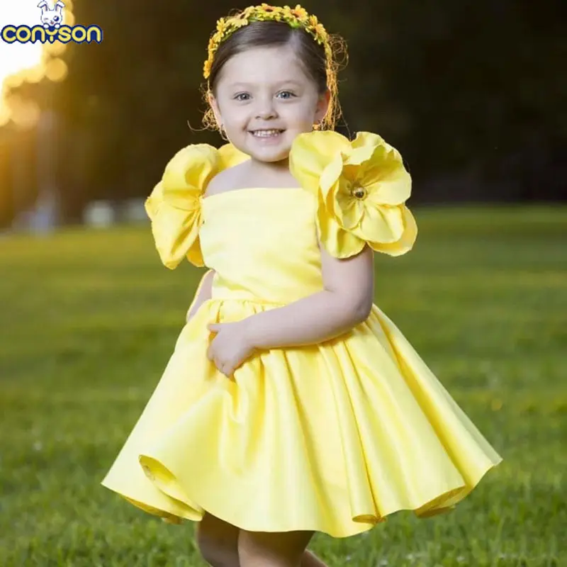 Conyson hot sale rts boutique summer fashion floral sleeve Baby Birthday solid color ball gown Kids Girls Princess Party Dresses