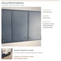 Meuble de cuisine laqué Shaker en configuration en U avec portes à cadre fin bleu marine, boutons ronds et boîtes de rangement en MDF