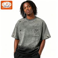 T-shirt Oversize Streetwear Uni à Effet Dégradé et Délavé à l'Acide, avec Trous Déchirés et Peinture Pulvérisée, Coupe Boxy, en Jersey 100% Coton Filé à Anneaux