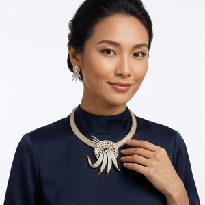 Luxury Brass Pearl Jewelry Set CZ Crystal Rhodium Statement Necklace Matching Earrings Two Tone Gold <b>Silver</b> Wedding <b>Choker</b> - Product Image 2