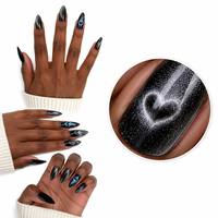 Faux ongles à presser en forme de cœur amande œil de chat, ongles artificiels noirs magnétiques à paillettes métalliques, vente en gros personnalisée OEM ODM