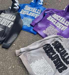 Yingling recadrée sweat à capuche lourd 400 Gsm Vintage en détresse broderie Patch Applique ourlet brut acide pierre lavé sweats à capuche hommes - Product Image 4