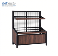 Étagère de présentation robuste en métal pour légumes et fruits avec paniers et grille en bois pour supermarché et magasin de détail