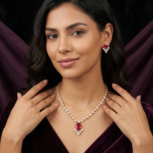 Luxury Gold Plated Brass <b>Ruby</b> Red CZ Gemstone Pendant <b>Necklace</b> Stud Earrings Jewelry Set for Women Wedding Party - Product Image 1