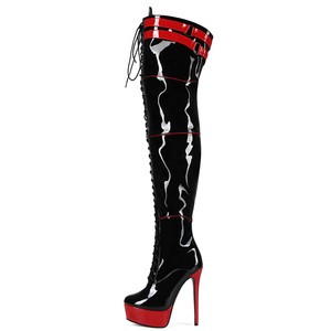 Big Size 47 Thick Platform Women Over the Knee High Booties Thigh High Lace up Cut Out Long Boots Red Patchwork Patent <b>Shoes</b> - Product Image 4