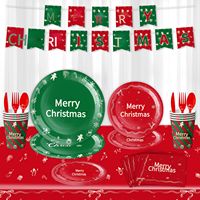 Ensemble de vaisselle et décorations lumineuses de Noël en plastique avec assiettes, tasses, serviettes et couverts, provenant du Zhejiang