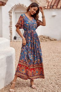2023 donna Casual estate Boho stampa floreale abito scollo a V manica corta vita alta lunghi Maxi abiti da spiaggia - Product Image 4