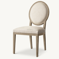 Edler Massivholz-Medaillon-Esszimmerstuhl mit Beige Gepolstertem Stoffsitz und Konischen Holzbeinen für Luxuriöse Villen-Esszimmer