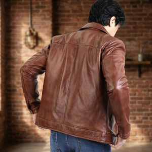 Veste moto en cuir véritable marron pour homme, col rabattu, fermeture éclair, coupe classique, pour l'automne - Product Image 2