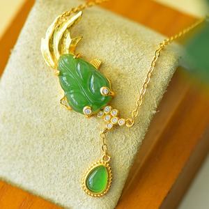 SGARIT Natural Hetian Green Jade S925 Silver Goldfish Collar <span class=keywords><strong>de</strong></span> clavícula 30*20mm Exquisito Versátil Textura fina Jadeíta - Product Image 4