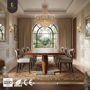 <span class=keywords><strong>โต๊ะ</strong></span>รับประทานอาหารทรงสี่เหลี่ยมผืนผ้าไม้เนื้อแข็งสไตล์หรูหราแบบโอลด์มันนี พร้อมฐานกลางแกะสลัก หน้า<span class=keywords><strong>โต๊ะ</strong></span>ลายไม้บุ๊คมัทช์ รูปทรงเรขาคณิตแบบเรียว - Product Image 1