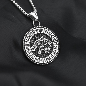 Vintage Nordic <b>Style</b> Geometric Asymmetrical Men's Stainless Steel Wolf <b>Head</b> Pendant Necklace Viking Rune Design for Fashion - Product Image 3