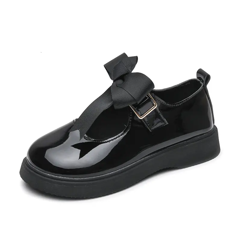 Wholesale Pu Leather Back School Girl Shoes New Spring And Autumn Children Kids Black Bow Flat Princess Shoes