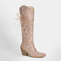 WETKISS Bottes Western à talon carré, hauteur genou, à lacets, style Loretta, avec strass roses, pour Cosplay