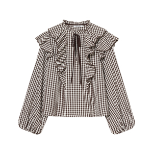 Blusa de Moda Casual para Mujer, Cuello Redondo, Estampado a Cuadros, Color Blanco y Negro, con Cordones, Manga Larga, <span class=keywords><strong>Volantes</strong></span> Delanteros - Product Image 1