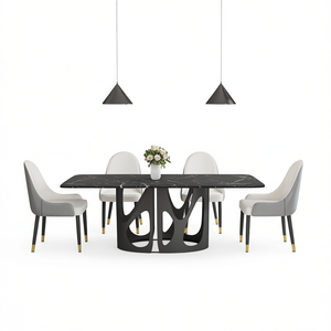 โต๊ะรับประทานอาหารสมัยใหม่ 70.86 นิ้ว สีดำ ท็อปหินเทียมสีดำ ขาเหล็กสีดำ ทรงสี่เหลี่ยมผืนผ้า สำหรับ 6 8 คน เฟอร์นิเจอร์ในบ้าน - Product Image 1