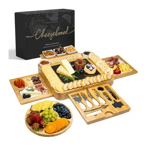 Custom Bamboo Cheese Board Large Charcuterie 4 Drawers Board Set Wooden Cheese Board And Tool Set