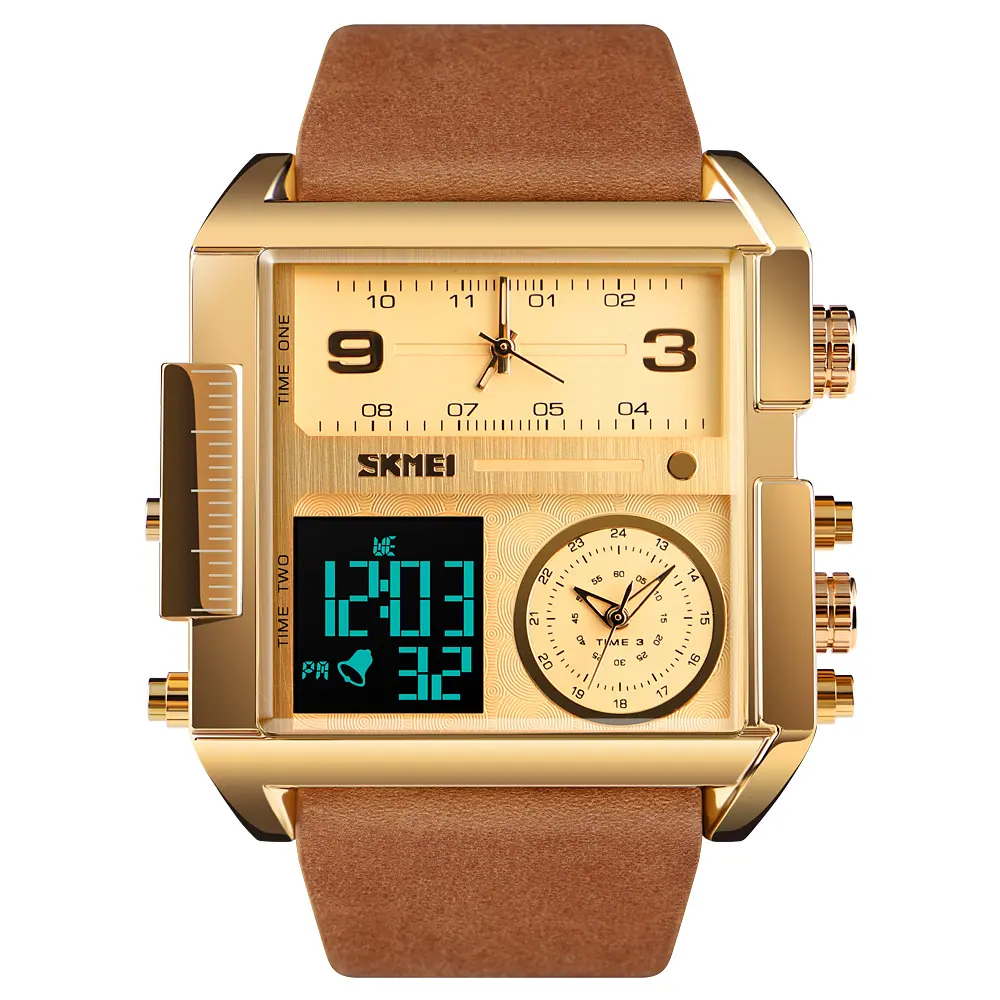 New arrive Skmei 1391 gold luxury fashion big dial men wristwatch 3 time waterproof leather digital watch