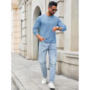 Henley เสื้อเชิ้ตแขนยาวลำลองผู้ชาย, เสื้อเบสิกลำลองน้ำหนักเบาดีไซน์2025พร้อมกระดุมวาฟเฟิล - Product Image 5