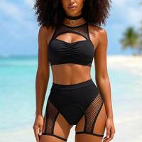 Op maat gemaakte Jouvert carnavalskostuum dames rave outfits visnet top booty shorts choker 3-delige badpak private label bulk festivalkleding