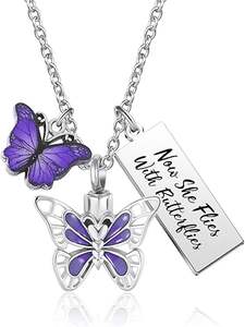Collier personnalisable avec urne commémorative pour cendres d'animaux de compagnie, motif papillon violet - Product Image 2