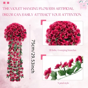 Ensemble de 4 fleurs artificielles violettes suspendues, décorations <span class=keywords><strong>pour</strong></span> mariages, décoration intérieure et extérieure (rose rouge) - Product Image 3