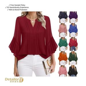 Elegante camicetta in Chiffon con scollo a V per donna con Design frontale a pieghe, molteplici colori stampati in tinta unita disponibili perfetti da indossare ogni giorno - Product Image 1