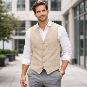 Customized <strong>Men's</strong> <strong>Beige</strong> Linen Blend Suit <strong>Vest</strong>, Casual Breathable 3-Button Waistcoat with Pockets, Formal &amp; Wedding Wear Casual - Product Image 1
