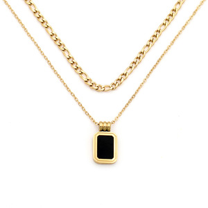 European American Retro Double Layered <b>Black</b> Acrylic Pendant Necklace Gold Zinc Alloy Geometric <b>Chain</b> Women's Fashion Jewelry - Product Image 5