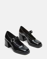 Escarpins Mary Jane noirs en cuir verni pour femmes, à bout carré et talon carré, avec bride à boucle, style vintage