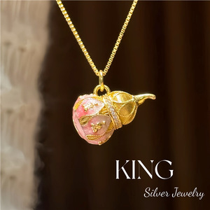 Collier gourde émaillée rose en argent sterling S925 plaqué or, pendentif rétro tendance pour femme, à porter au quotidien - Product Image 5