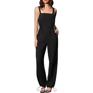 Mono negro sin mangas para mujer, de pierna ancha, informal, para verano, con bolsillos, transpirable, de cintura media y ajuste holgado. - Product Image 1
