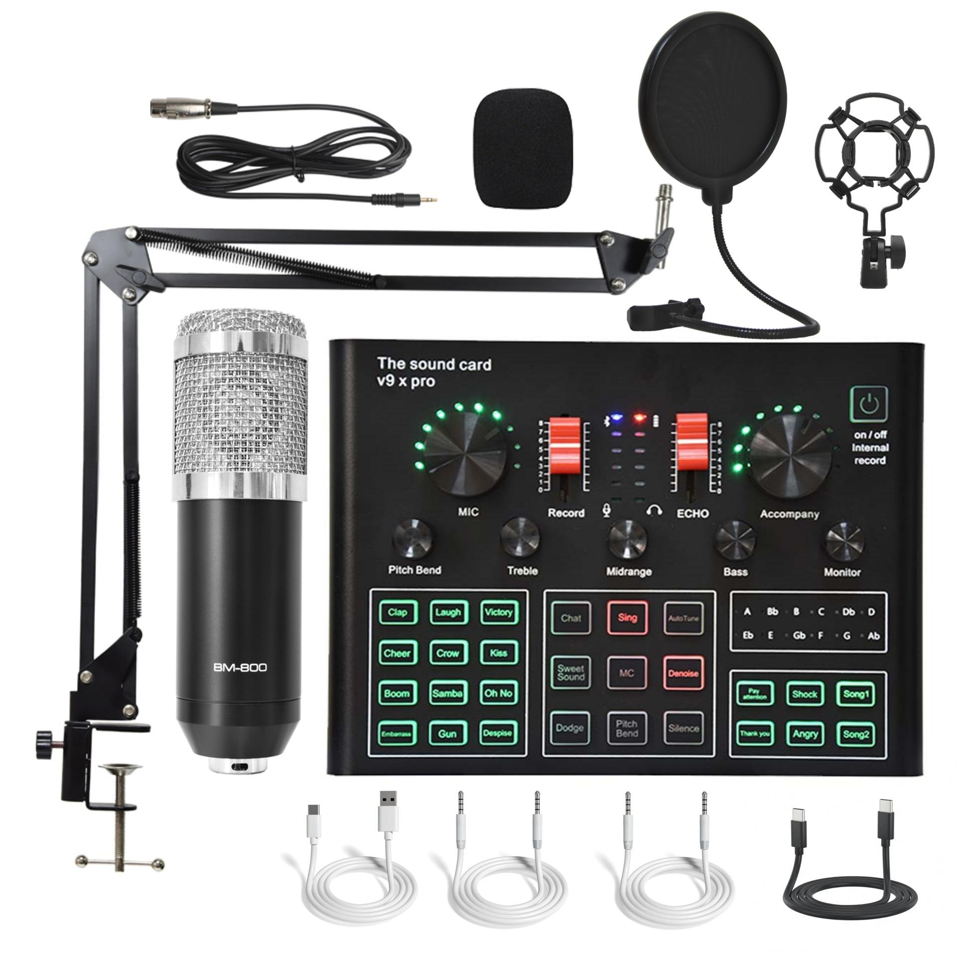 V9xpro + bm800 argent noir + bras de flèche + grand filtre anti-pop + câble otg