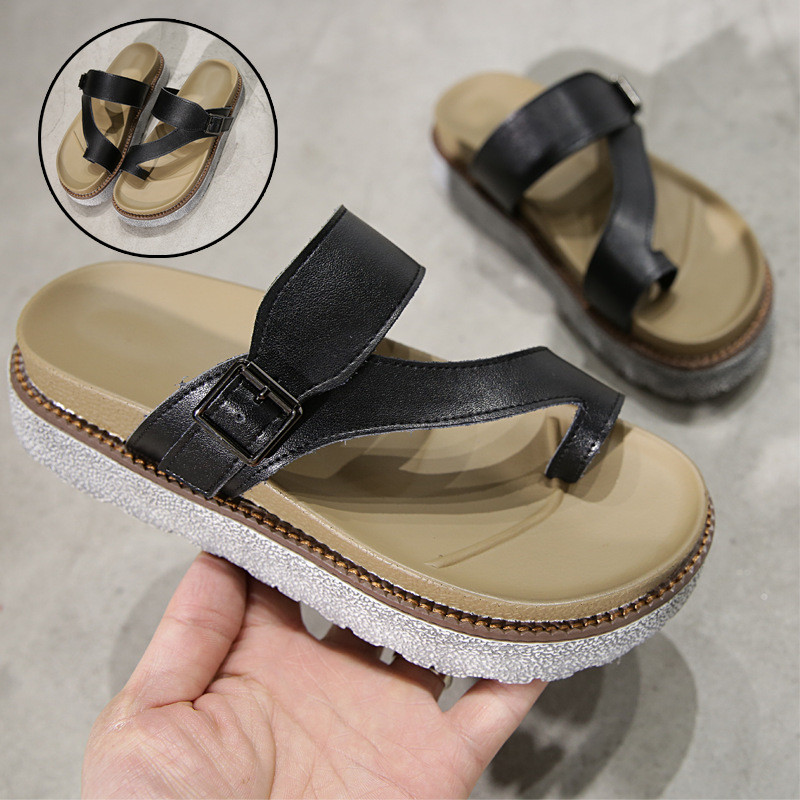 Cowhide Slippers Women Outdoor Muffin Bottom Clip Footwear Flat Sandals Thick Soft Slippers