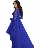 Vente en gros de robes en dentelle à manches longues haut bas queue d'hirondelle robes de bal en dentelle à la mode pour femmes robe de soirée sexy de couleur unie