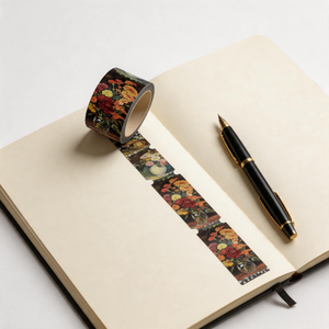 Ruban Washi Effet Peinture à l'Huile Vintage Foncé 25mm, Bordure <span class=keywords><strong>Perforée</strong></span>, Motif Floral Nature Morte, pour Décoration DIY Scrapbook, Journal et Agenda - Product Image 3