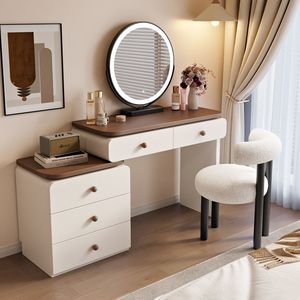 <span class=keywords><strong>Coiffeuse</strong></span> individuelle autoportante avec miroir LED rond éclairé Cream Wind, tabouret de rangement intégré, <span class=keywords><strong>en</strong></span> bois de mahogany massif, mobilier de chambre - Product Image 2