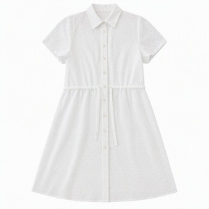 Robe chemise en coton blanc pour femme, manches courtes, col polo, boutonnée devant, taille à cordon, style minimaliste, printemps été, tenue décontractée - Product Image 6