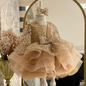 Abiti da Cerimonia per Bambine con Paillettes e Maniche Lunghe, Alta Moda, Eleganti Vestiti Estivi da Sposa e da Festa di Compleanno - Product Image 1